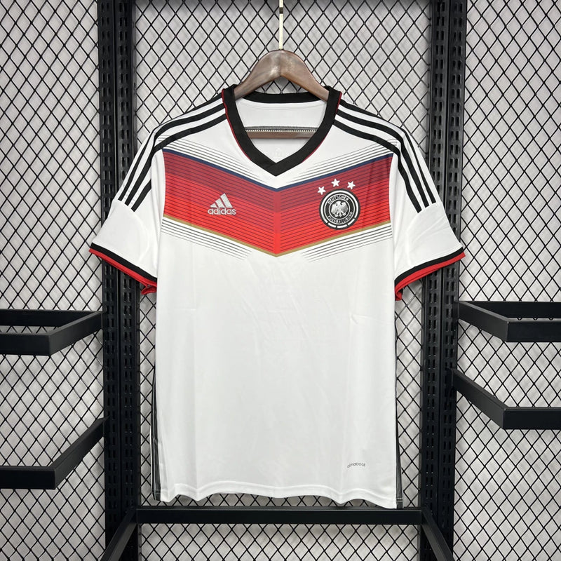 Camisa Alemanha Home I 2014/15 Adidas Retrô Masculina branca com detalhes em preto, vermelho e dourado – modelo histórico para colecionadores e torcedores.