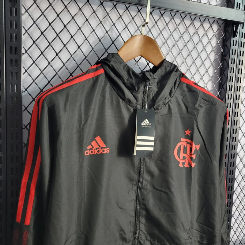 Jaqueta corta vento preta do Flamengo Adidas masculina com capuz e logo 