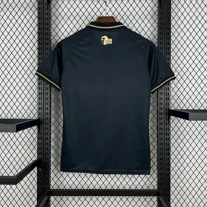Camisa Estoril Praia Fourth Ayrton Senna 2024/25 Kappa Torcedor Masculina amarela com detalhes especiais em homenagem ao piloto, modelo disponível na Wazemix