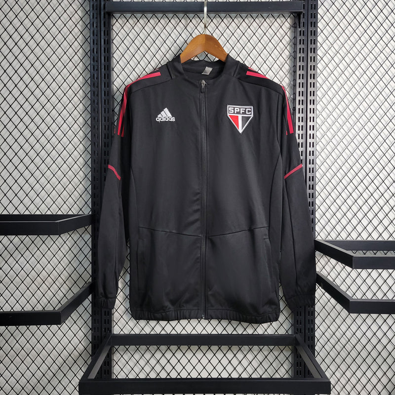 Corta Vento são Paulo Masculino preto com escudo bordado, modelo esportivo com capuz e zíper, ideal para torcedores do Mengão