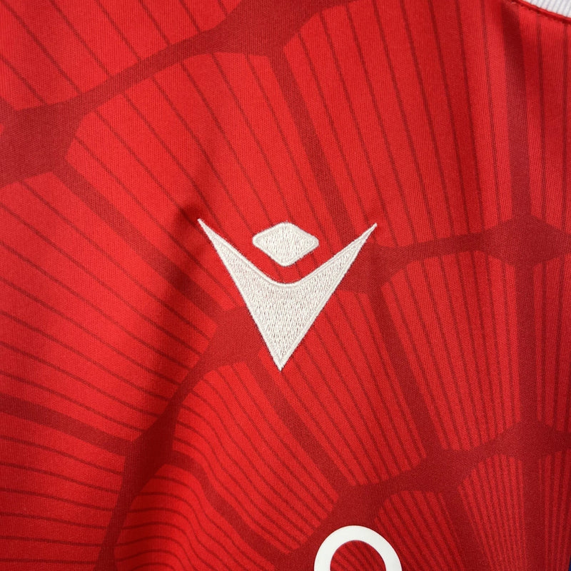 Camisa Crystal Palace Home I 2023/24 Torcedor Masculina - modelo azul com faixas verticais vermelhas, escudo do Crystal Palace bordado no peito e design tradicional da equipe londrina, confeccionada pela Macron.