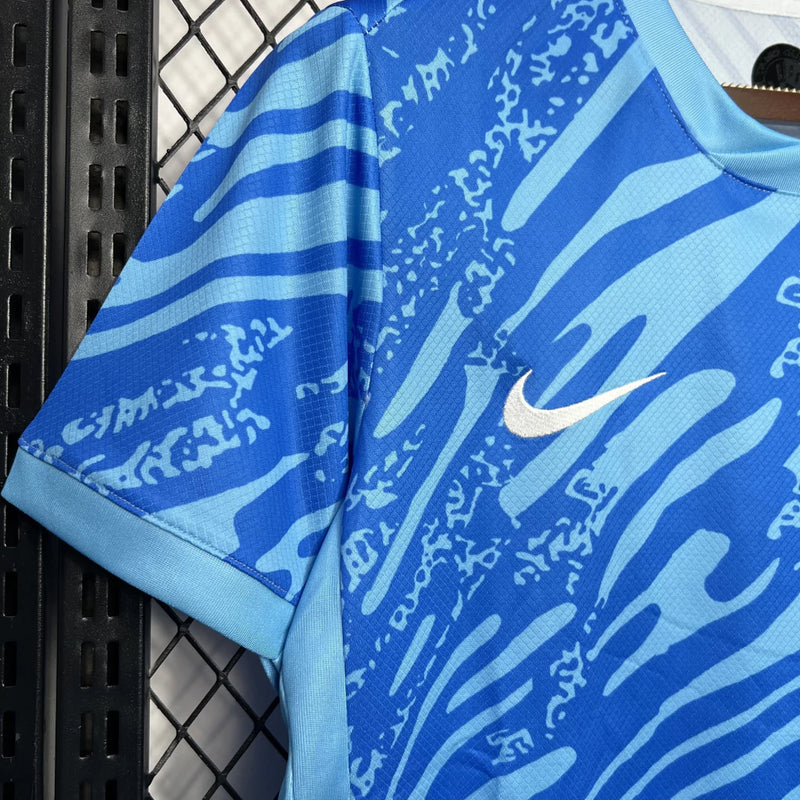 Camisa Corinthians goleiro 2024 2025 nome torcedor masculina azul com tecnologia Dri-Fit e escudo do clube em destaque 