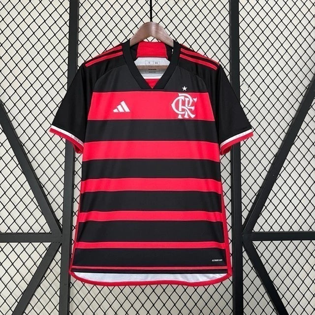 Camisa Flamengo Home I 2024/25 Adidas Torcedor Masculina preta e vermelha com escudo bordado e gola careca