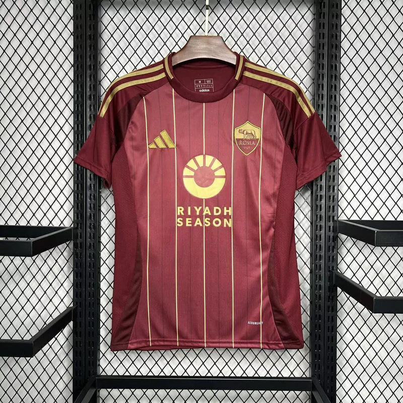 "Camisa Roma Home I 2024/25 Adidas Torcedor Masculina vermelha e amarela com escudo bordado e logo Adidas"