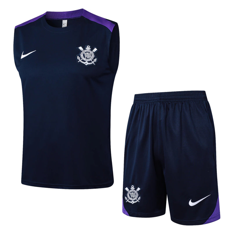 Kit Corinthians 2025/26 com regata e short de treino na cor azul marinho, modelo alternativo