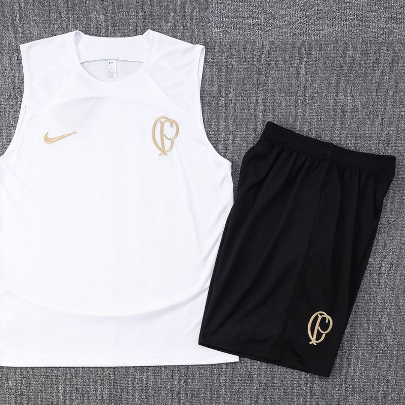 Kit treino Corinthians nike 2023/24 com regata branca e short preto - uniforme para treino com escudo do Corinthians e tecnologia DRI-FIT 