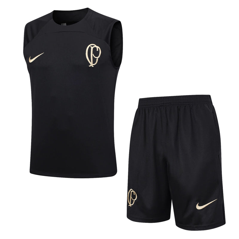 Kit treino Corinthians Nike 2023/24 com regata preta e short preto, modelo usado pelos jogadores do timão nos treinoss