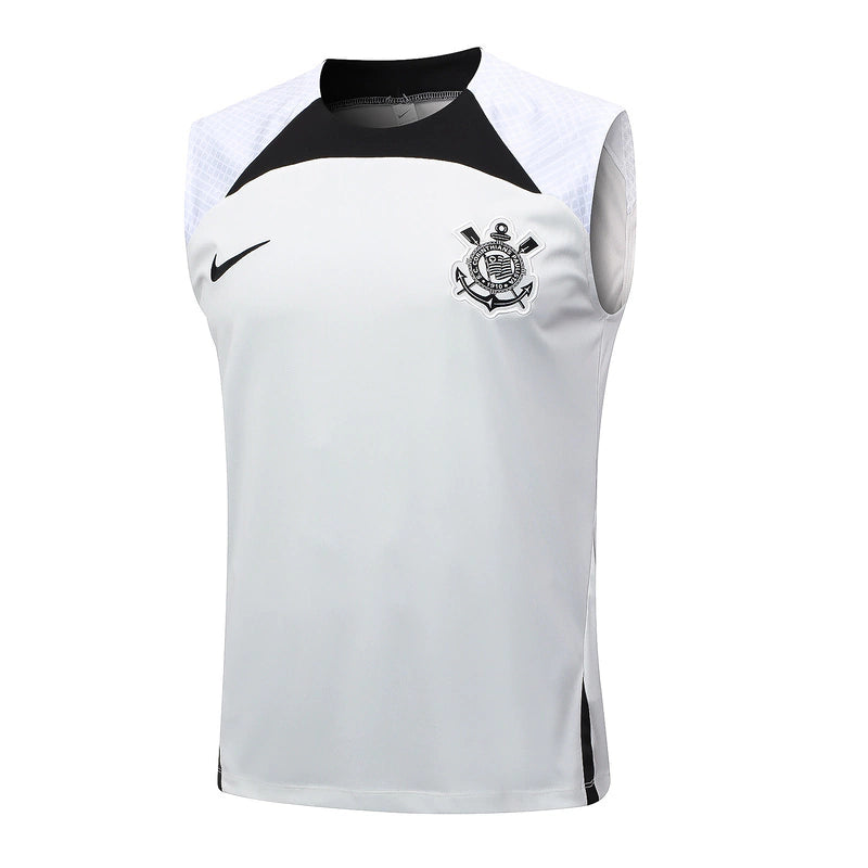 Kit treino Corinthians Nike 2024 2025 com regata branca e short preto do clube, ideal para treino e academia 