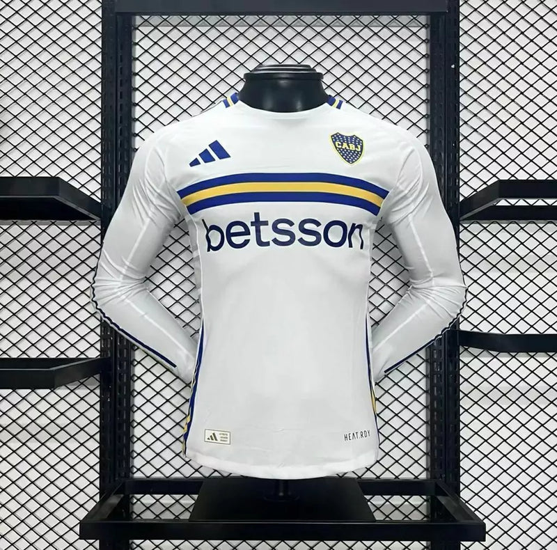 Camisa Boca Juniors Away (2) 2024/25 Adidas Jogador Manga Longa Branca – versão oficial de jogo, com faixa amarela e detalhes azuis, escudo do Boca Juniors em silicone e logo Adidas estampado.