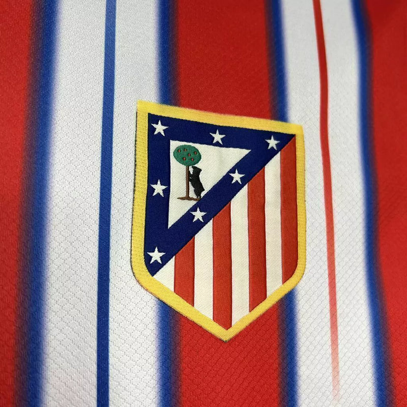 Camisa Atlético de Madrid Home 2024/25 Torcedor Masculina Adidas oficial vermelha e branca com listras e escudo bordado