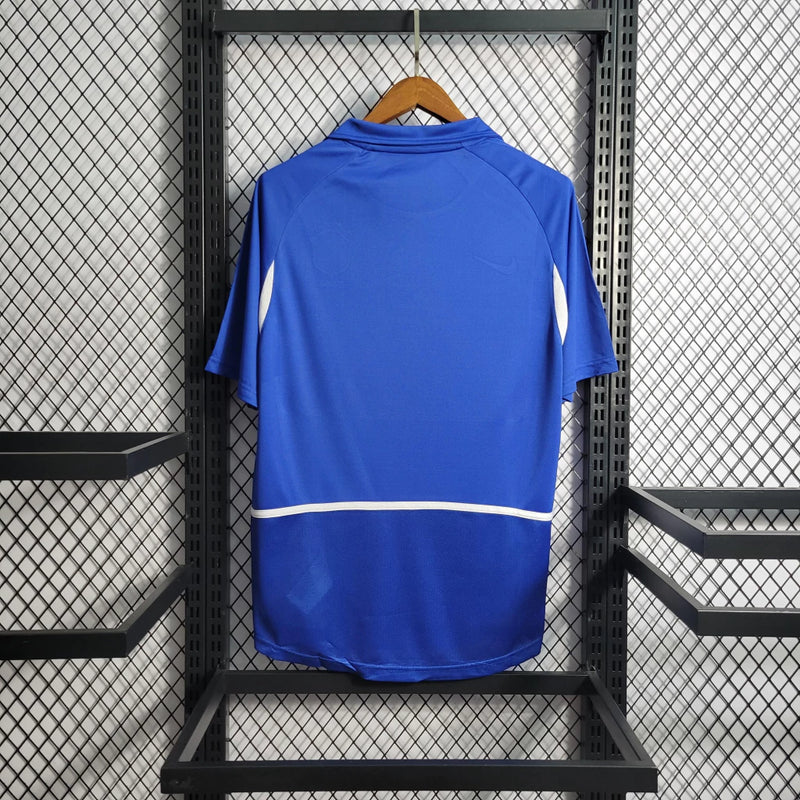 Uniforme retrô Brasil 2002 Nike Away II masculina azul para torcedores e colecionadores