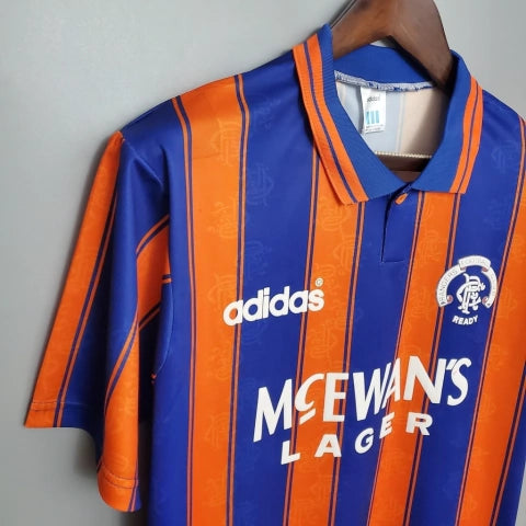 Camisa Rangers FC Away II 1993/94 Adidas Retrô Masculina Laranja, uniforme retrô clássico do Rangers, design vibrante e nostálgico dos anos 90 para torcedores apaixonados.”