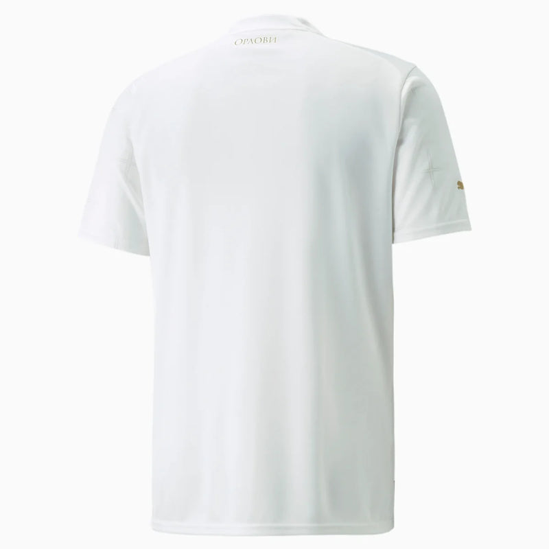 Camisa Sérvia Away II 2022/23 Puma masculina branca com detalhes dourados e vermelhos, gola careca e tecido leve respirável para torcedores"
