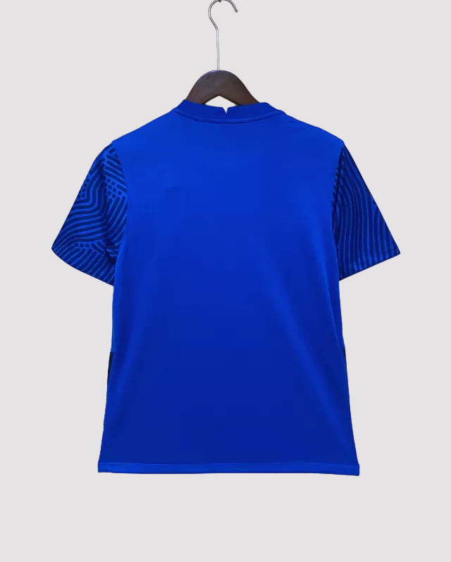 Camisa Finlândia Away II 2022/23 Nike masculina azul marinho com detalhes brancos e dourados, gola redonda e mangas curtas, modelo torcedor em tecido respirável para fãs da seleção finlandesa"