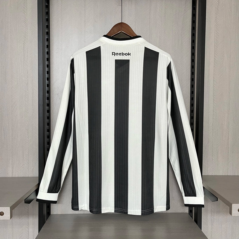 Camisa Botafogo Home 2024/25 Manga Longa Torcedor Masculina Adidas oficial preta e branca com listras verticais e escudo bordado