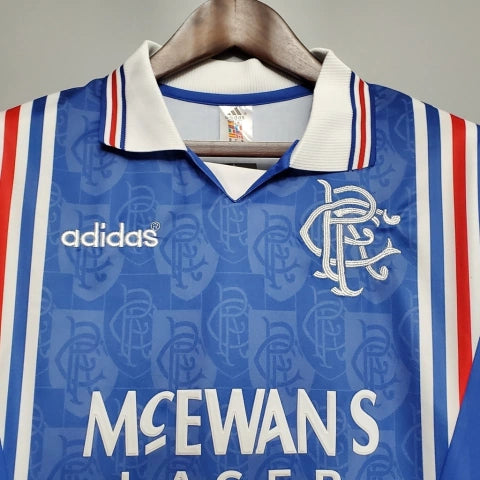 Camisa Rangers FC Home I 1996/97 Adidas Retrô Masculina Azul, uniforme retrô histórico com design clássico e escudo bordado para torcedores do Rangers FC.”
