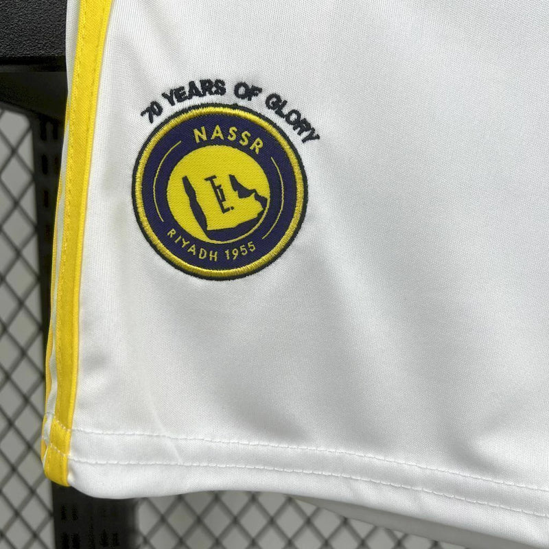"Kit Infantil Al-Nassr Third III 2025/26 Adidas, camiseta e shorts em azul e dourado, modelo oficial do clube saudita para crianças, ideal para pequenos torcedores e colecionadores."