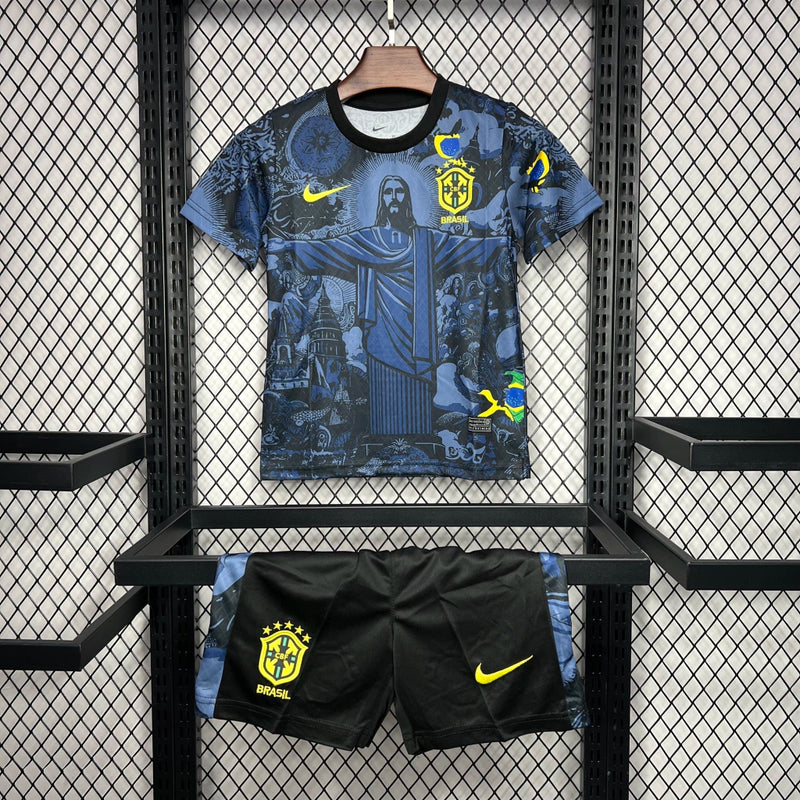 Kit Infantil Brasil Edição Especial 2024/25 Nike - camisa e short infantil da Seleção Brasileira, edição Copa América Cristo Redentor, uniforme oficial 2024/25, tecido leve e confortável, ideal para pequenos torcedores