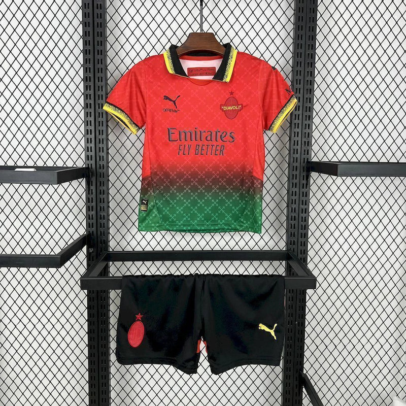 Kit Infantil Milan x Off White 2025/26 Puma – Camisa e shorts em design exclusivo preto e vermelho para jovens torcedores