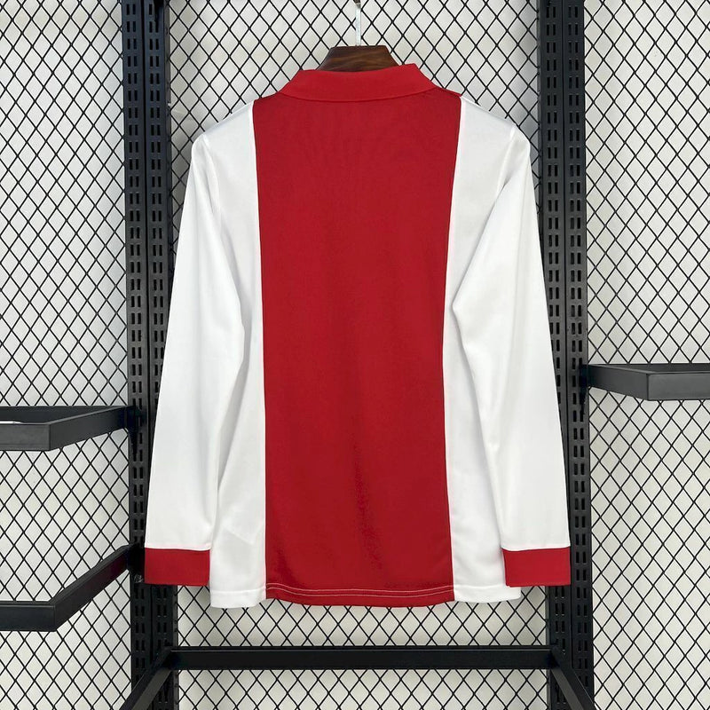 Camisa Ajax 125th Anniversary 2024/25 Adidas Torcedor Manga Longa Masculina branca com detalhes vermelhos, escudo comemorativo de 125 anos e logo Adidas bordado"