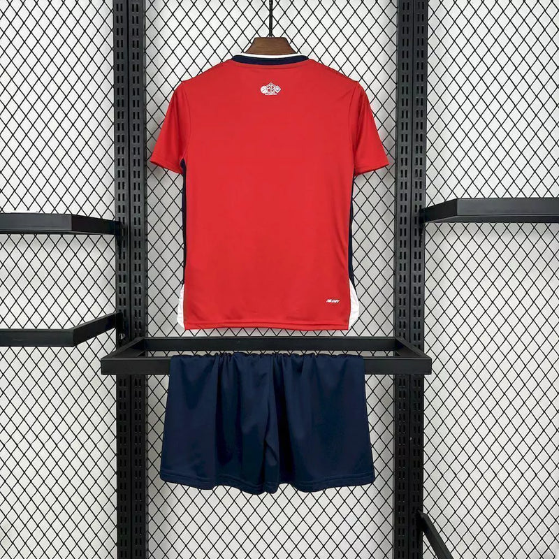 Kit Infantil Lille OSC Home I 2024/25 New Balance – Camisa e shorts vermelho e branco para crianças, uniforme completo do clube francês