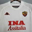 Camisa Roma Away II 2000/01 Kappa Retrô Masculina branca, com detalhes em grená e amarelo, escudo bordado da Roma e logo Kappa retrô nas mangas.