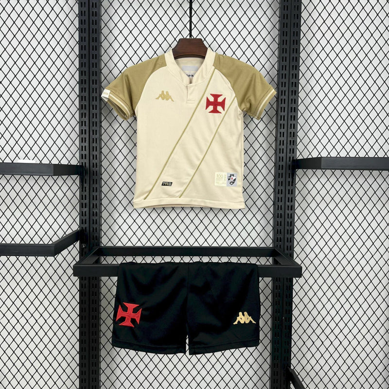 Kit Infantil Vasco Third 2024/25 Kappa – Camisa preta com detalhes em branco e escudo bordado + short oficial, uniforme oficial para crianças torcedoras do Vasco da Gama"