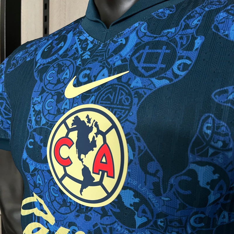 Camisa Club América Away II 2024/25 Jogador Masculina Azul Nike, edição player version, uniforme mexicano de futebol com tecnologia avançada e escudo aplicado"