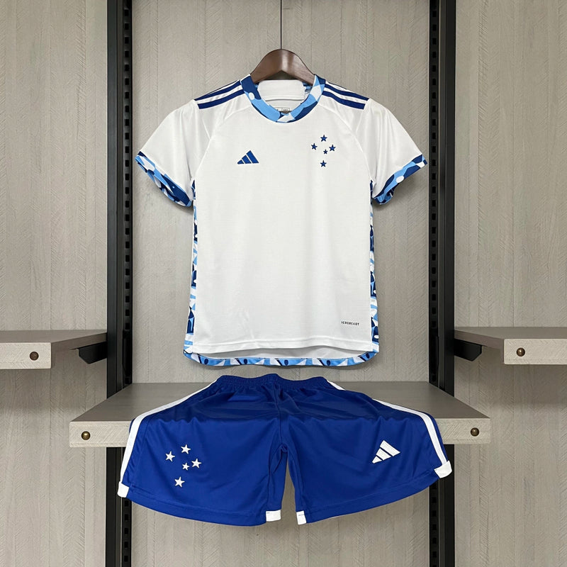 Kit Infantil Cruzeiro Away 2024/25 Branco Adidas - Camisa, shorts e meias oficiais para crianças de 3-4 a 12-13 anos