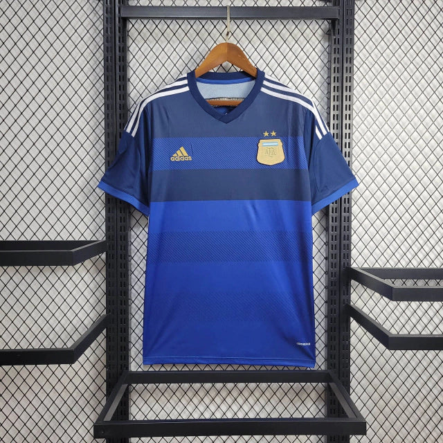 Camisa Argentina Away II 2014/15 Adidas Retrô Masculina azul marinho com detalhes celestes e dourados, modelo torcedor retrô de manga curta
