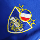 Camisa Iugoslávia 2000/01 Adidas retrô masculina azul com detalhes em branco e vermelho, gola polo com botão e mangas curtas, modelo clássico em tecido leve para torcedores e colecionadores"