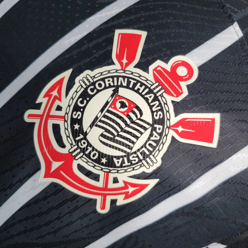 Camisa Corinthians away II 2023 2024 Nike jogador masculina preta com escudo em alto-relevo e tecnologia Dri-FIT ADV