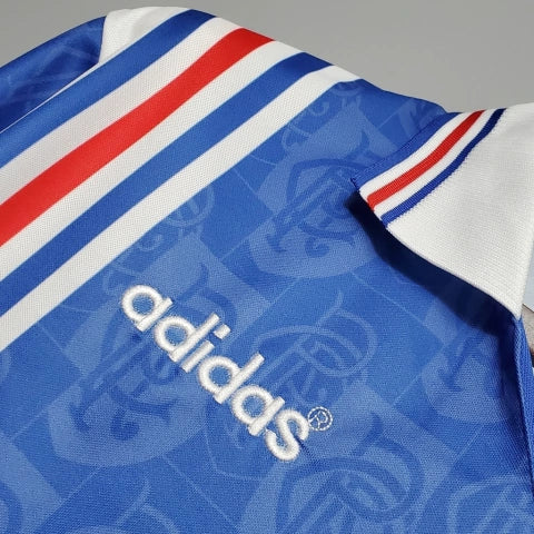 Camisa Rangers FC Home I 1996/97 Adidas Retrô Masculina Azul, uniforme retrô histórico com design clássico e escudo bordado para torcedores do Rangers FC.”