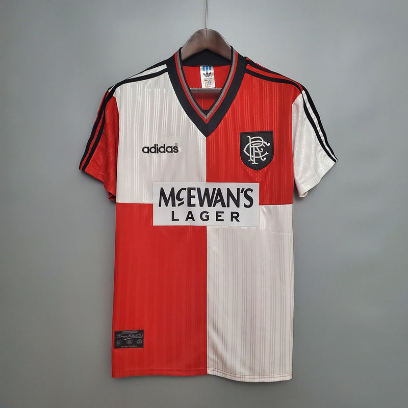 “Camisa Rangers FC Away II 1995/96 Adidas Retrô Masculina Branca, uniforme retrô histórico do Rangers, design vintage com detalhes azul e vermelho para torcedores apaixonados.”