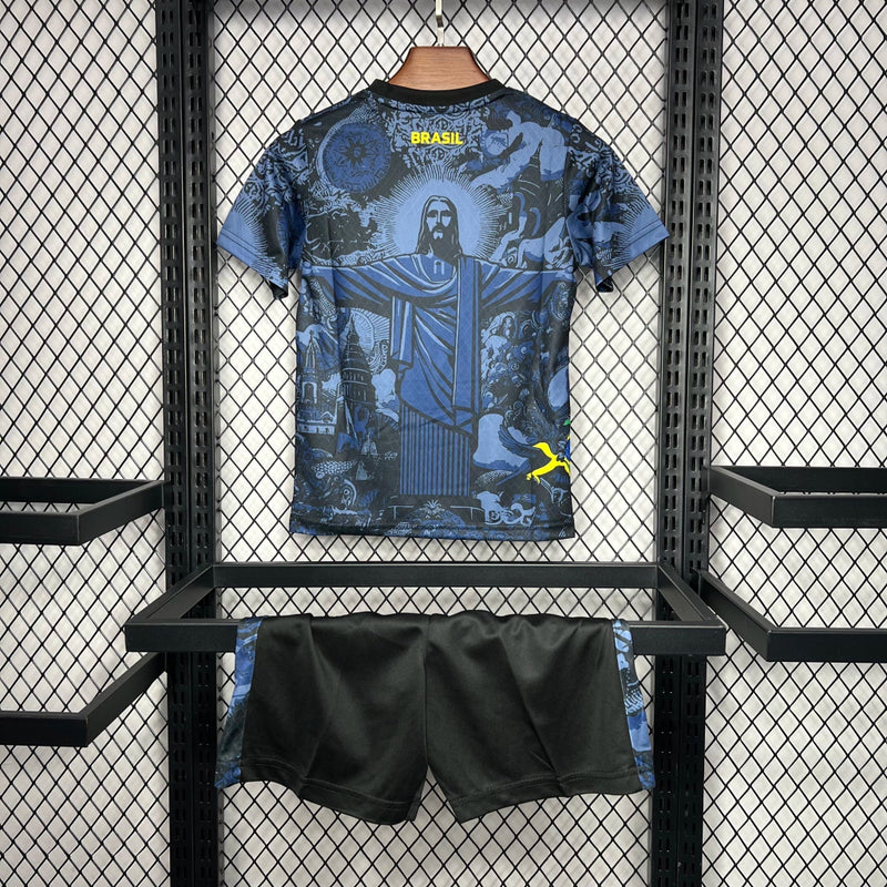Kit Infantil Brasil Edição Especial 2024/25 Nike - camisa e short infantil da Seleção Brasileira, edição Copa América Cristo Redentor, uniforme oficial 2024/25, tecido leve e confortável, ideal para pequenos torcedores
