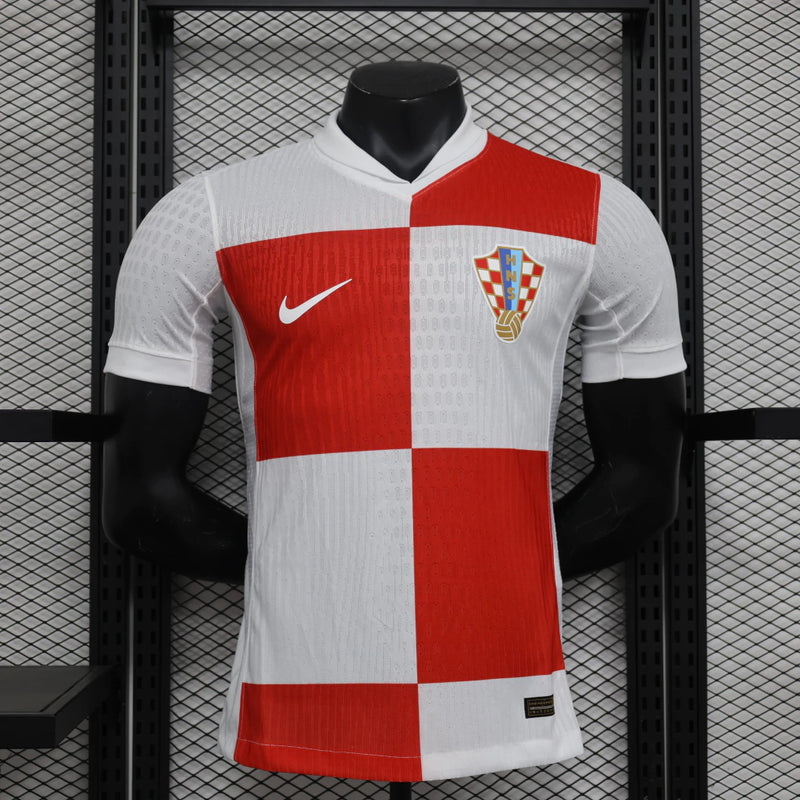 Camisa Croácia Home 2024/25 Nike Jogador Masculina, xadrez vermelho e branco, modelo oficial da seleção croata, ideal para jogadores e fãs da Croácia"