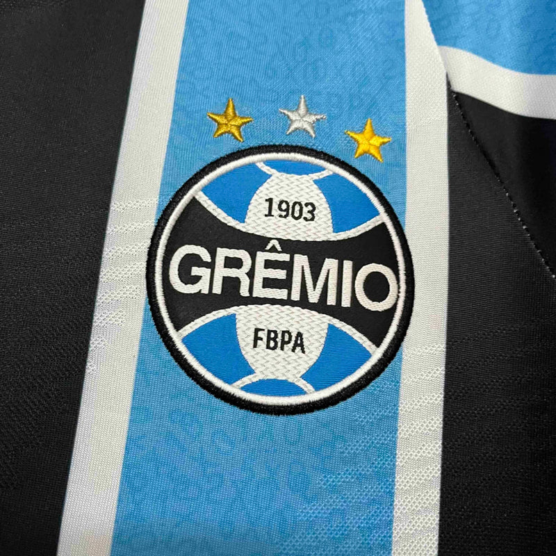 Camisa Grêmio Home 2024/25 Manga Longa Torcedor Masculina oficial, listras azul, preto e branco, escudo bordado, modelo confortável e moderno