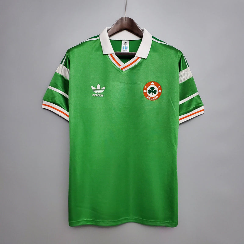 Camisa Irlanda Home I 1988/89 Adidas retrô masculina verde com gola polo branca, mangas curtas e design clássico histórico para colecionadores e torcedores"