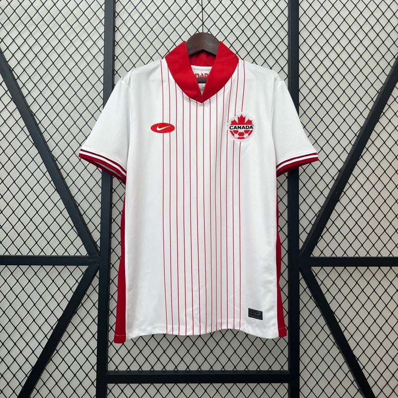 Camisa Canadá Away II 2024/25 Nike masculina branca com detalhes vermelhos, gola careca e tecido leve respirável para torcedores"