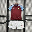 Kit Infantil Aston Villa Home I 2024/25 Adidas com camisa e short, uniforme infantil leve e respirável, ideal para jogos, treinos e jovens torcedores do Aston Villa."