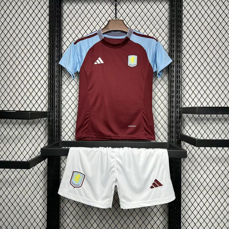 Kit Infantil Aston Villa Home I 2024/25 Adidas com camisa e short, uniforme infantil leve e respirável, ideal para jogos, treinos e jovens torcedores do Aston Villa."