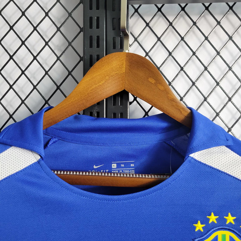 Uniforme retrô Brasil 2002 Nike Away II masculina azul para torcedores e colecionadores