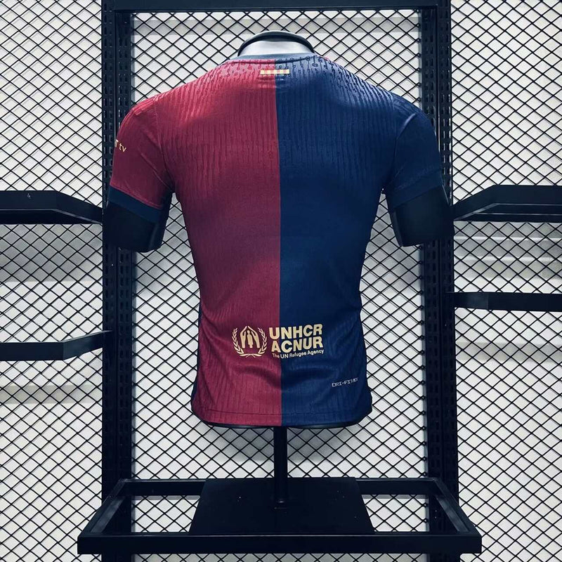Camisa Barcelona Home 2024/25 Jogador Masculina Nike oficial azul e grená com escudo bordado, versão player usada pelos atletas