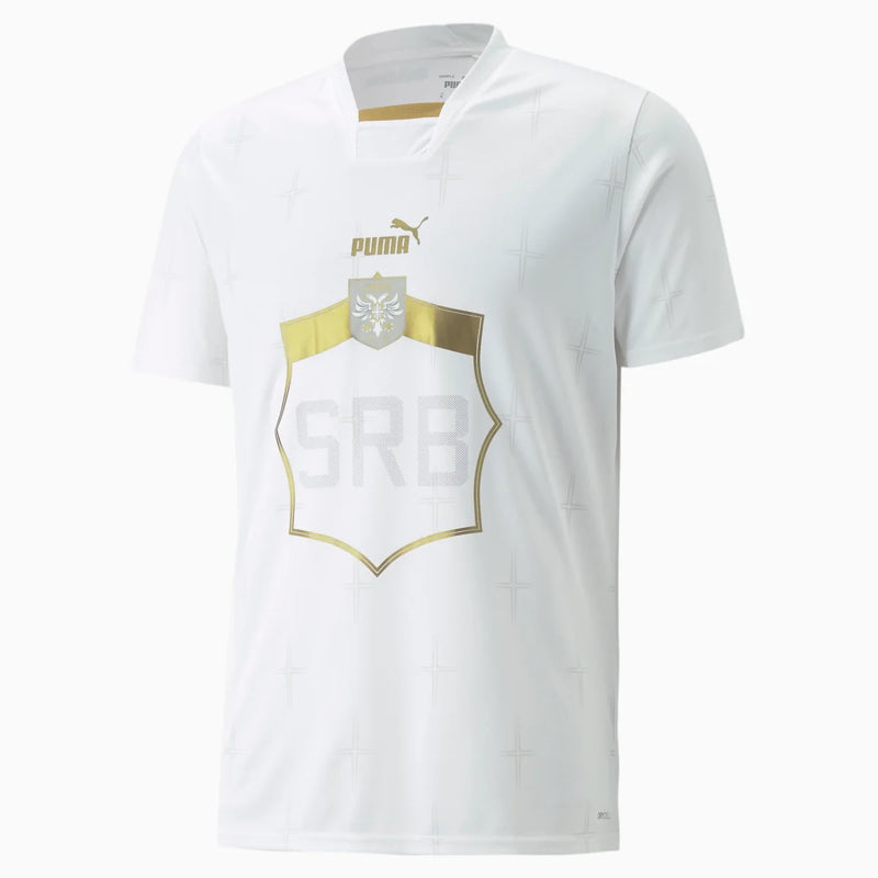 Camisa Sérvia Away II 2022/23 Puma masculina branca com detalhes dourados e vermelhos, gola careca e tecido leve respirável para torcedores"