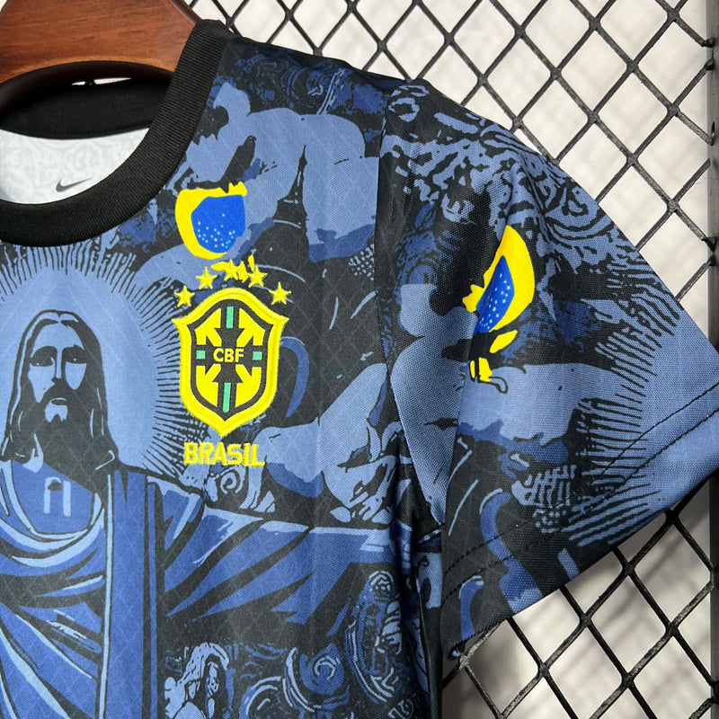 Kit Infantil Brasil Edição Especial 2024/25 Nike - camisa e short infantil da Seleção Brasileira, edição Copa América Cristo Redentor, uniforme oficial 2024/25, tecido leve e confortável, ideal para pequenos torcedores