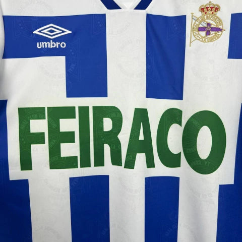 Camisa Deportivo La Coruna Home I 1994/95 Umbro Retrô Masculina - Branca e Azul
