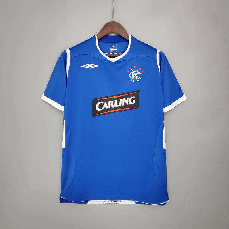 “Camisa Rangers FC Home I 2008/09 Umbro Retrô Masculina Azul, uniforme retrô histórico do clube escocês, design clássico e escudo bordado para colecionadores.”
