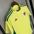 Camisa País de Gales Away II 2024/25 Adidas masculina amarela com detalhes em vermelho e verde, gola careca, mangas curtas e tecido leve respirável para torcedores"