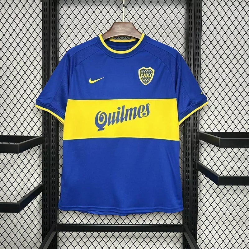 Camisa Boca Juniors Home (1) 2000/01 Nike Retrô Masculina azul com faixa amarela horizontal, escudo bordado e logo Nike estampado.