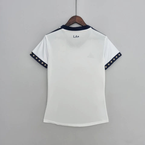 Camisa Los Angeles Galaxy Home I 2022/23 Adidas Torcedora Feminina Branca, uniforme oficial MLS, versão feminina ajustada, Waze Mix
